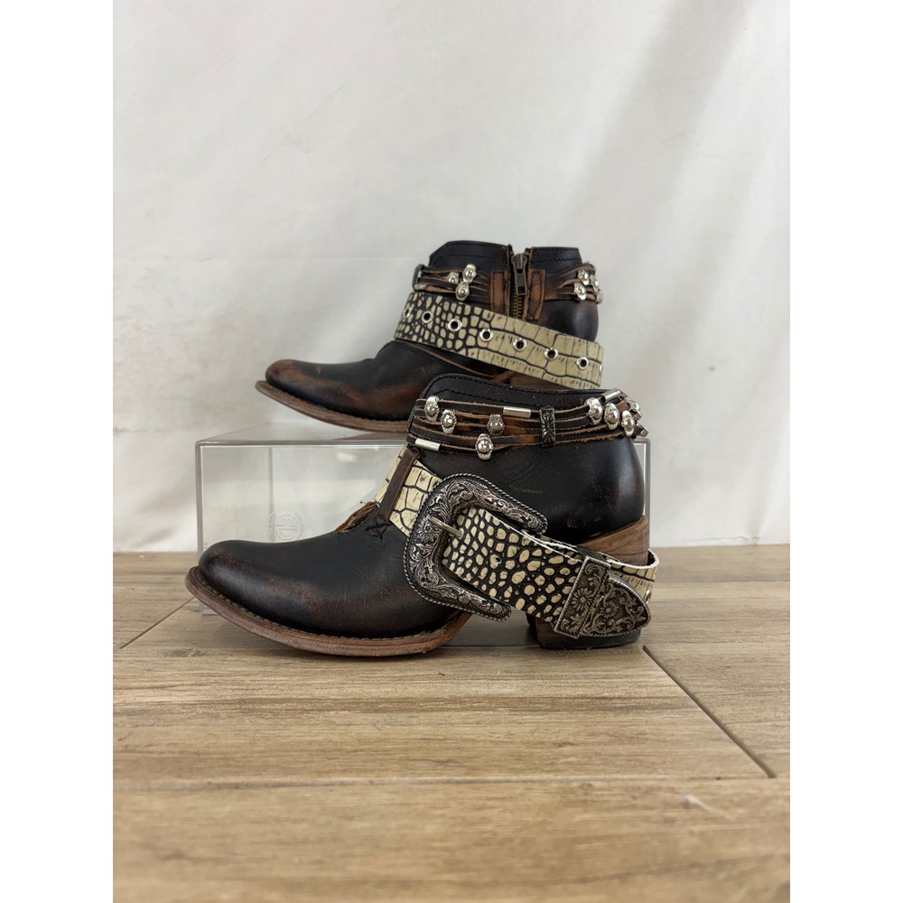 Old Gringo Women Brown Distressed Leather Studded Buckle Ankle Boots 4615‎